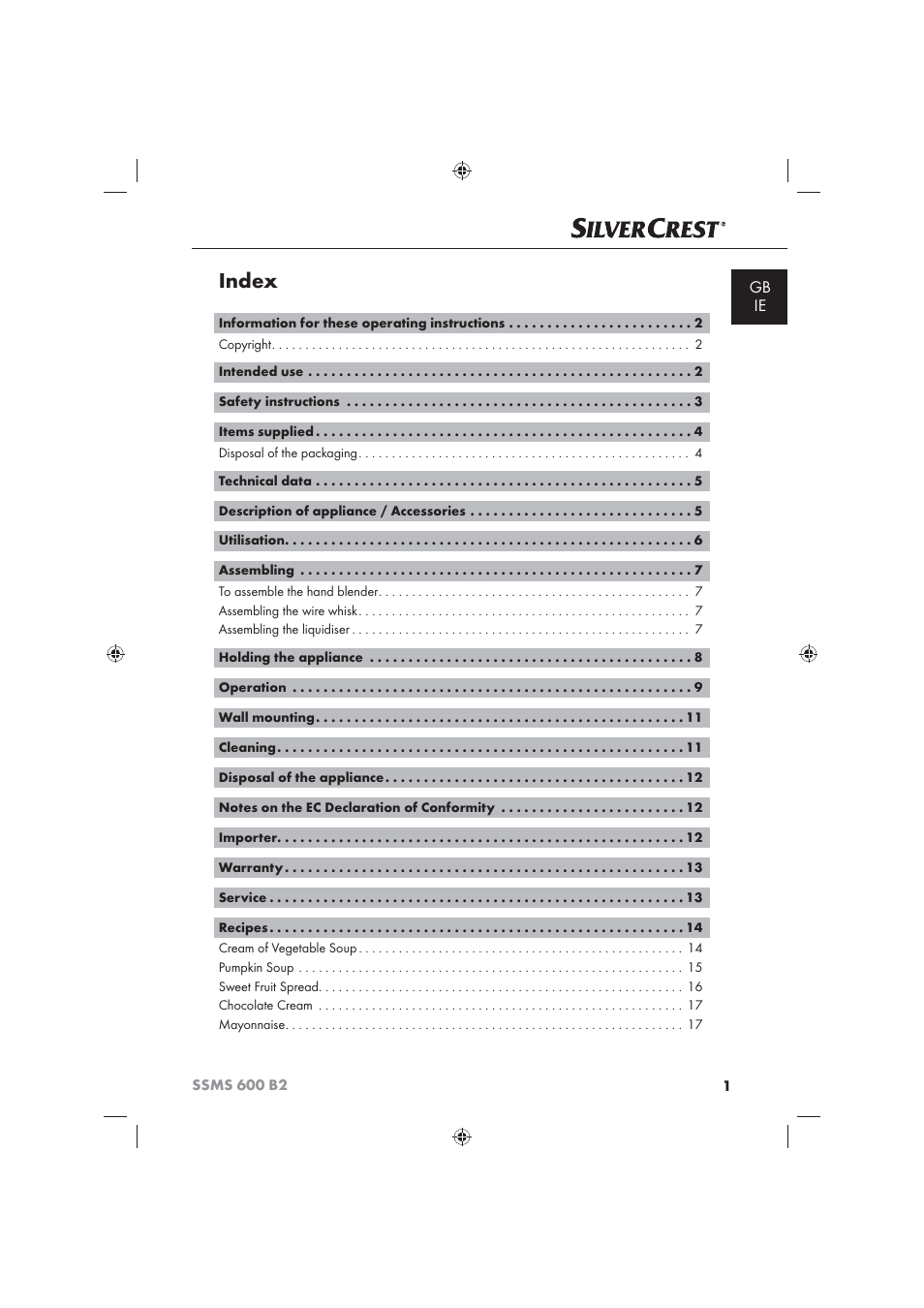 Index | Silvercrest 600 B26 User Manual | Page 3 / 19