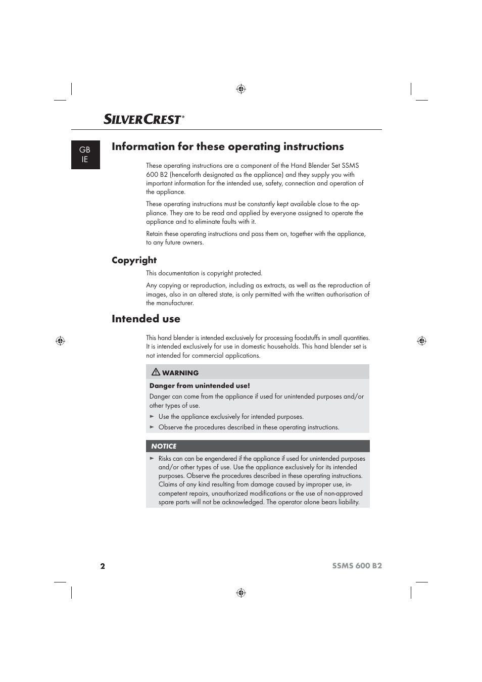 Information for these operating instructions, Intended use, Copyright | Silvercrest 600 B26 User Manual | Page 4 / 19