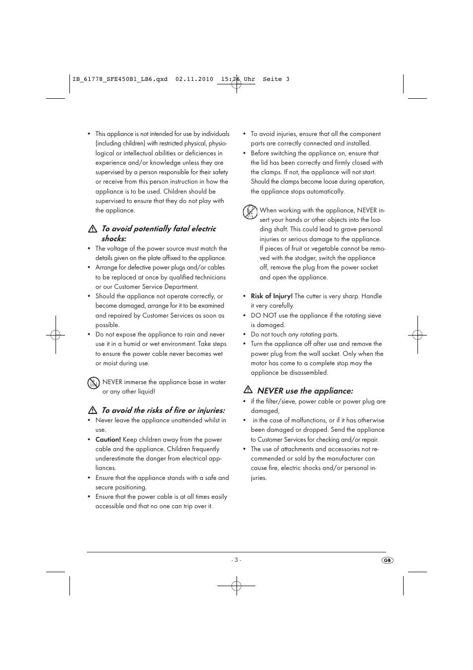 Never use the appliance | Silvercrest SFE 450 B16 User Manual | Page 5 / 10