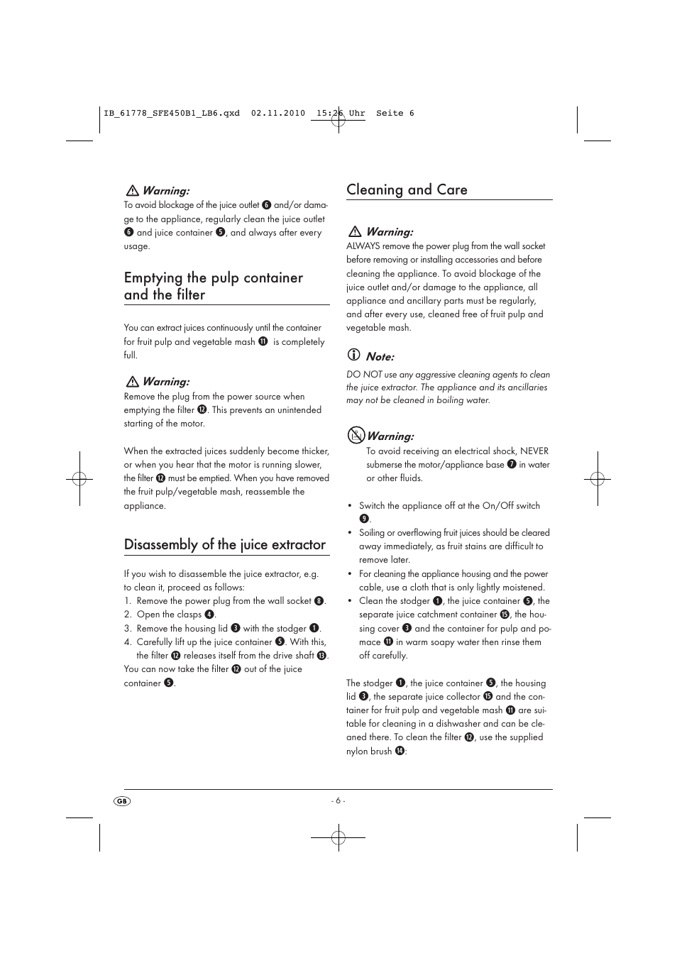 Emptying the pulp container and the filter, Disassembly of the juice extractor, Cleaning and care | Silvercrest SFE 450 B16 User Manual | Page 8 / 10