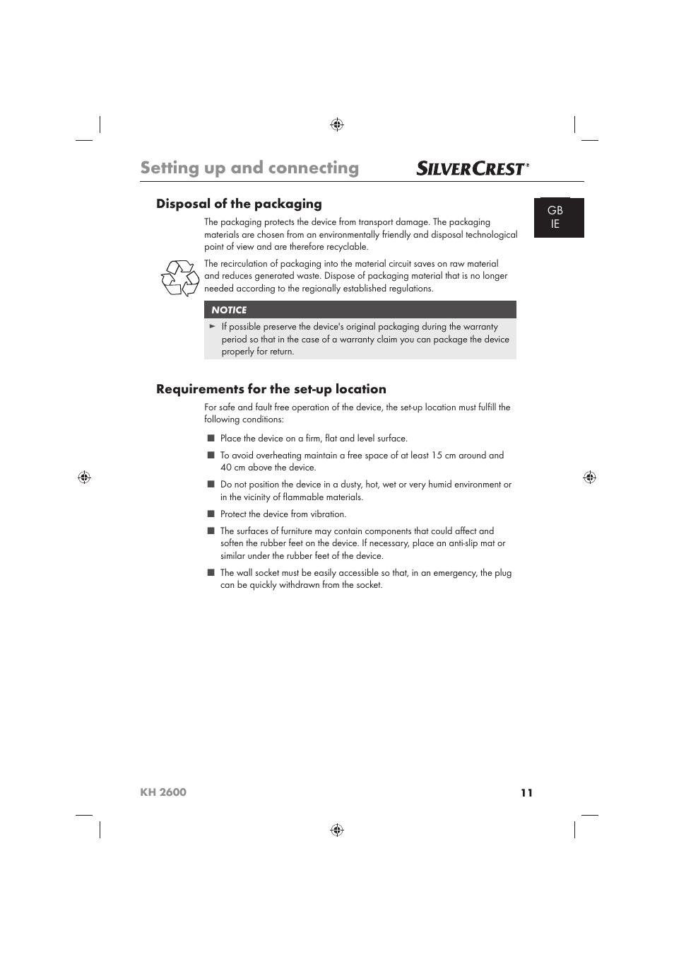 Setting up and connecting, Disposal of the packaging, Requirements for the set-up location | Silvercrest KH 2600 User Manual | Page 13 / 62