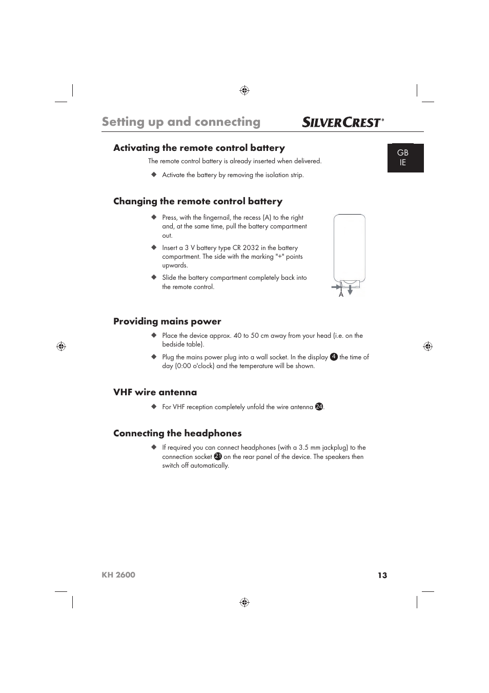 Setting up and connecting, Activating the remote control battery, Changing the remote control battery | Providing mains power, Vhf wire antenna, Connecting the headphones | Silvercrest KH 2600 User Manual | Page 15 / 62