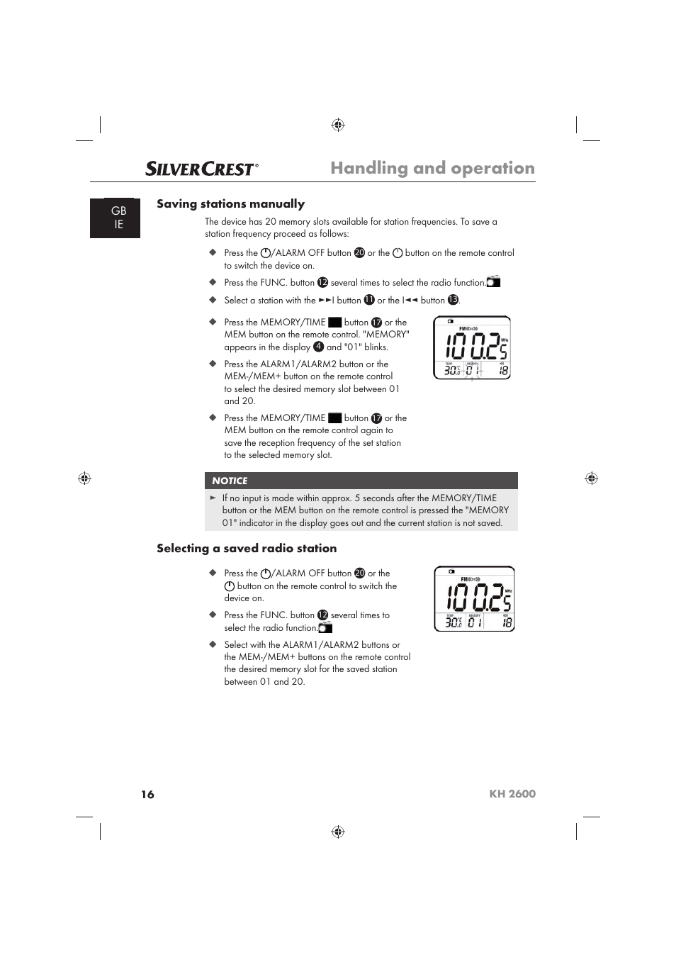 Handling and operation | Silvercrest KH 2600 User Manual | Page 18 / 62