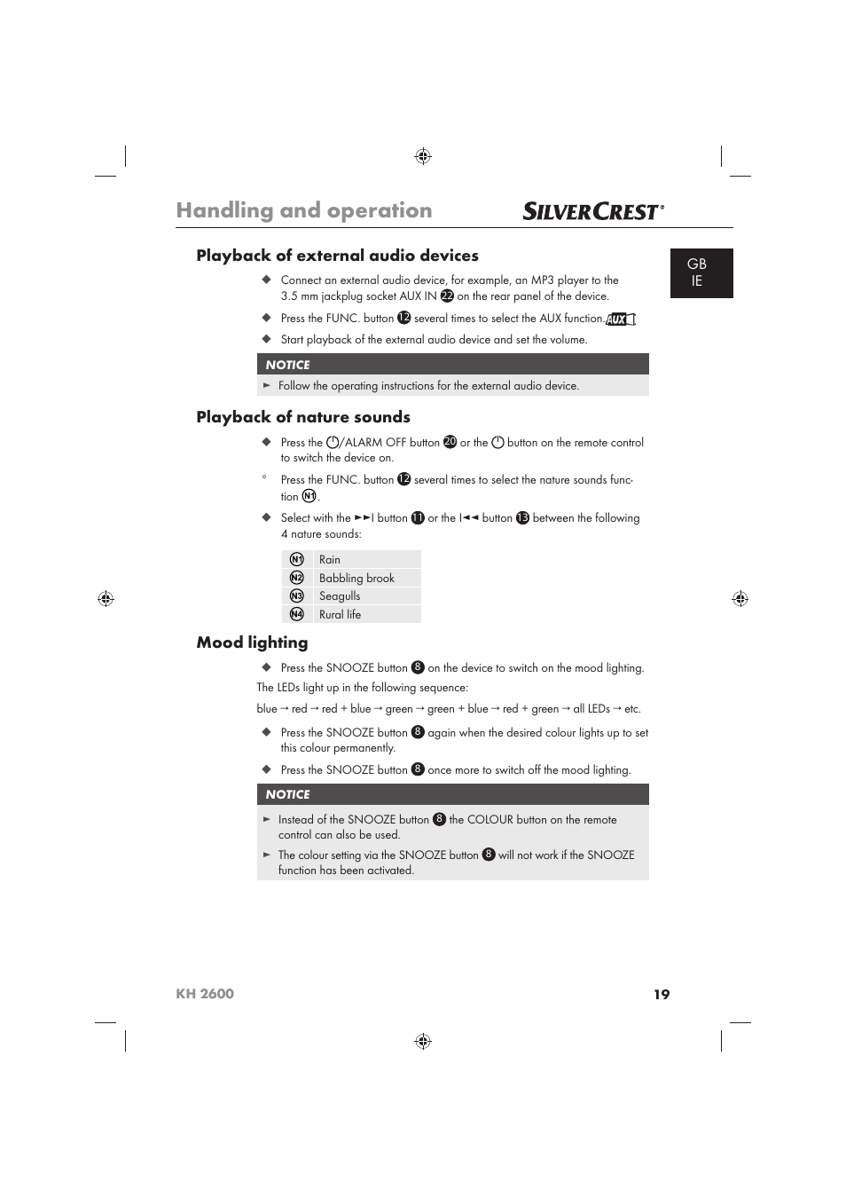 Handling and operation, Playback of external audio devices, Playback of nature sounds | Mood lighting | Silvercrest KH 2600 User Manual | Page 21 / 62