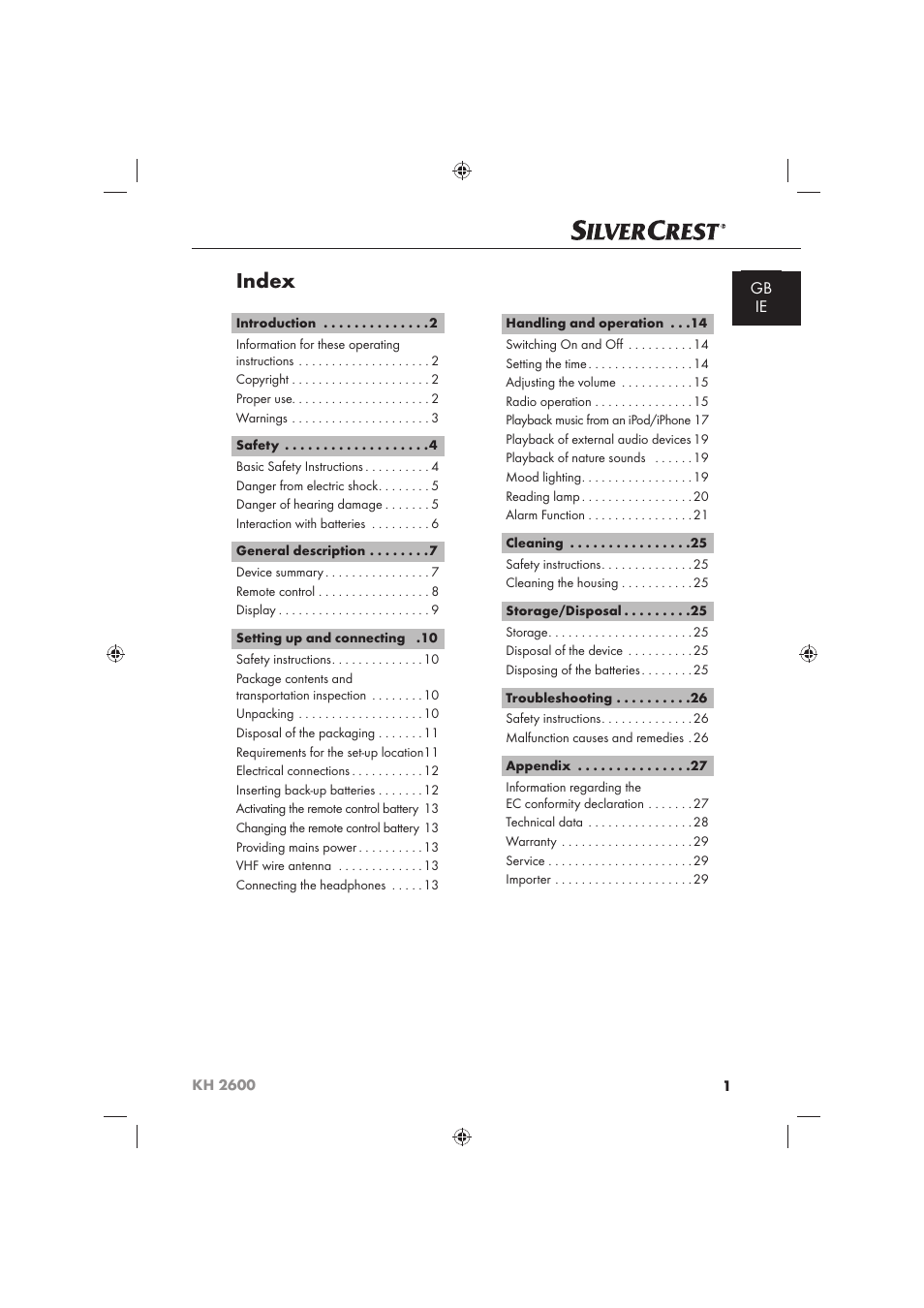 Index | Silvercrest KH 2600 User Manual | Page 3 / 62
