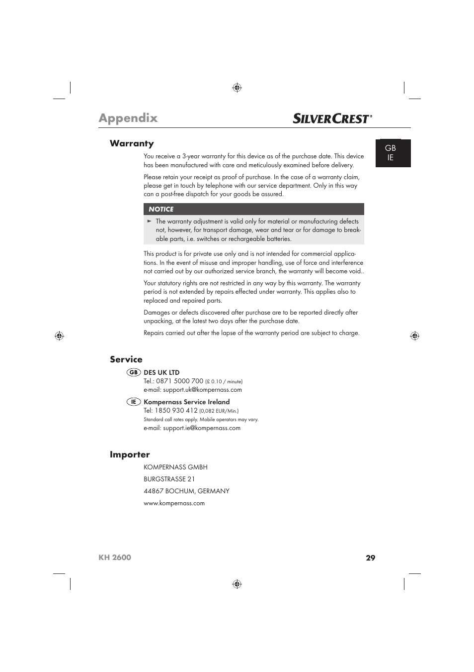 Appendix, Warranty, Service | Importer | Silvercrest KH 2600 User Manual | Page 31 / 62