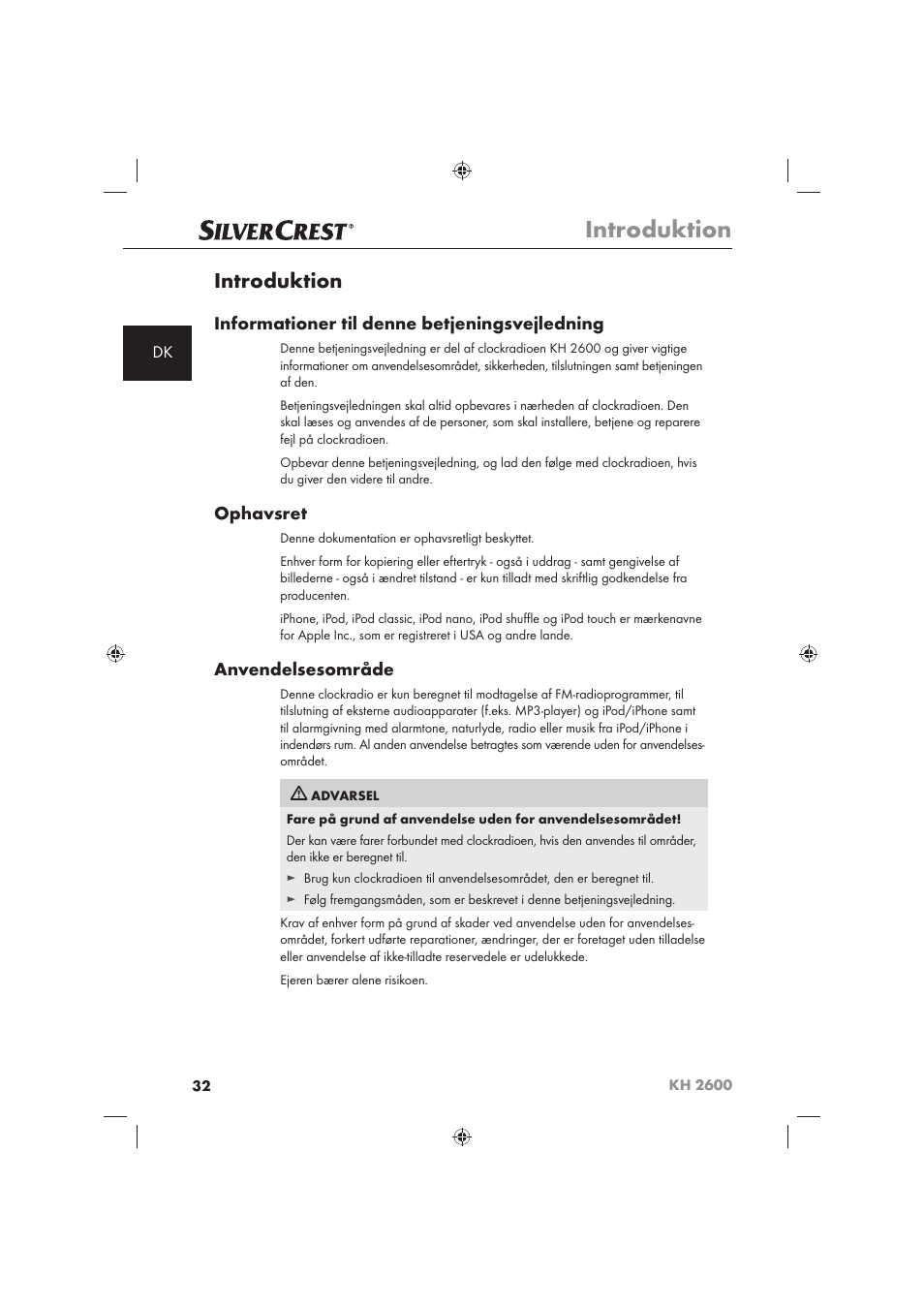 Introduktion, Informationer til denne betjeningsvejledning, Ophavsret | Anvendelsesområde | Silvercrest KH 2600 User Manual | Page 34 / 62