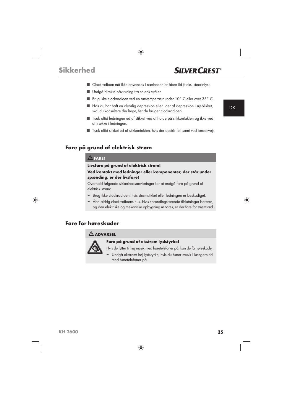 Sikkerhed, Fare på grund af elektrisk strøm, Fare for høreskader | Silvercrest KH 2600 User Manual | Page 37 / 62