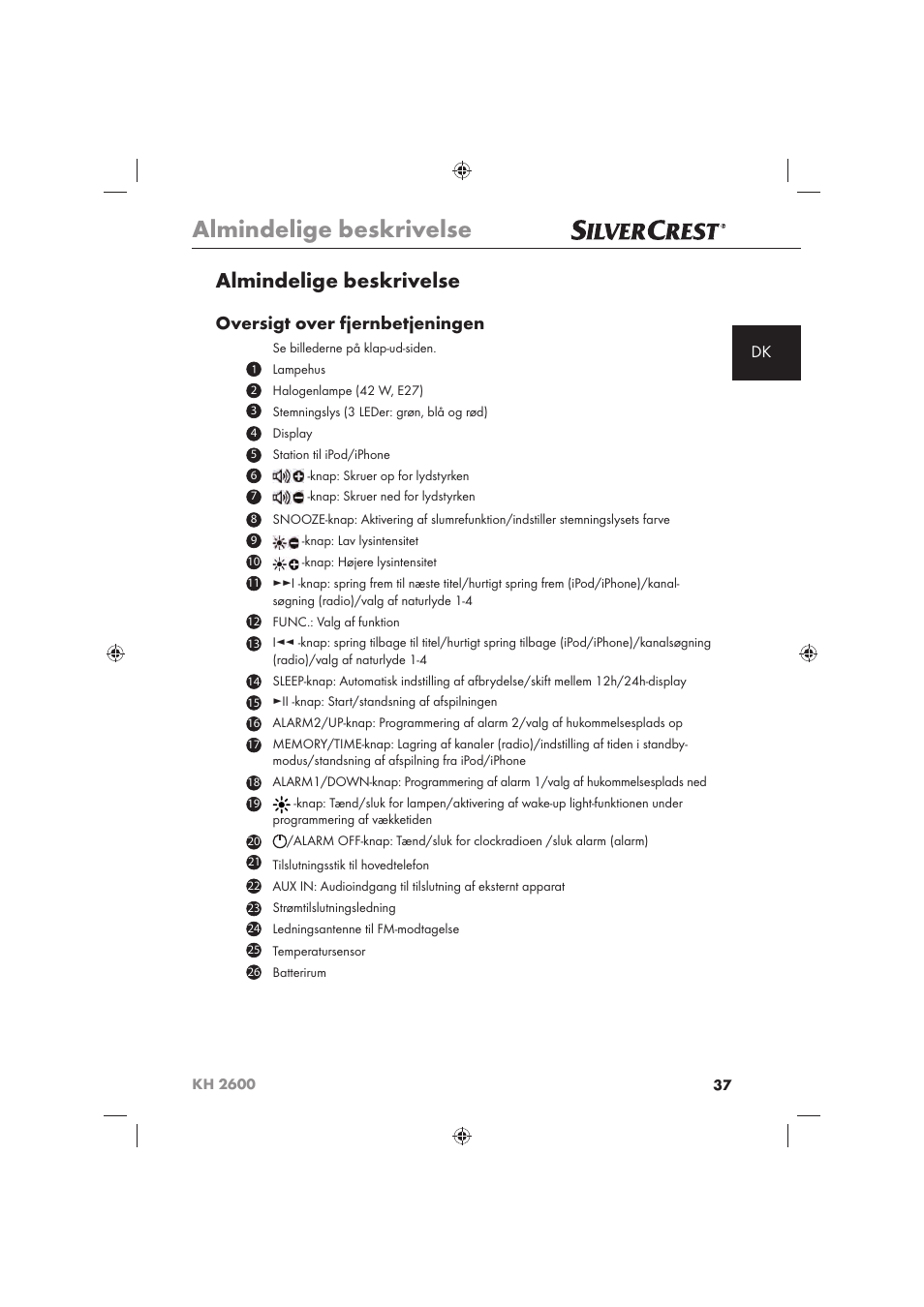 Almindelige beskrivelse, Oversigt over fjernbetjeningen | Silvercrest KH 2600 User Manual | Page 39 / 62