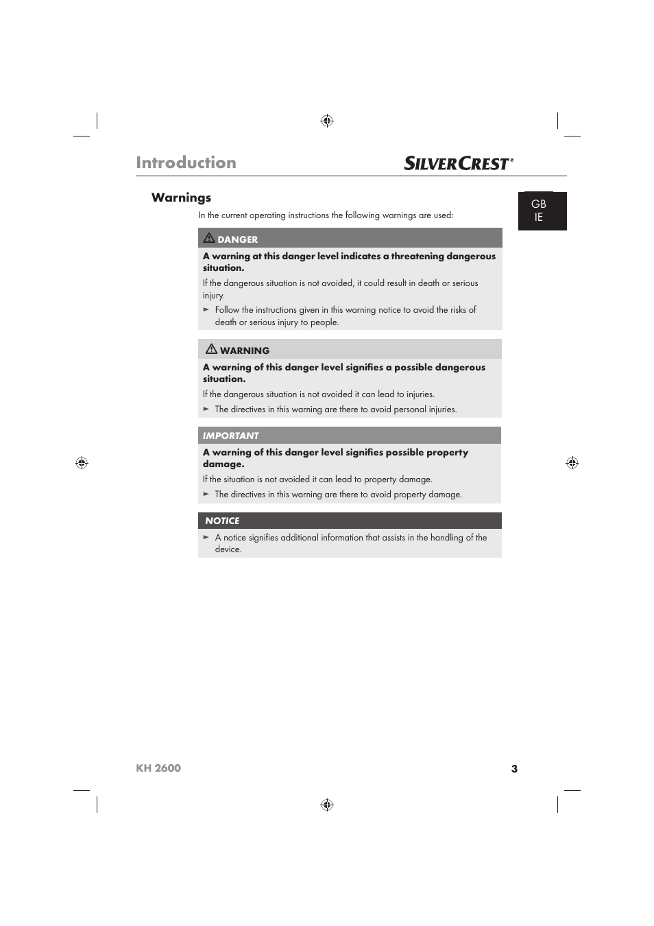 Introduction, Warnings | Silvercrest KH 2600 User Manual | Page 5 / 62