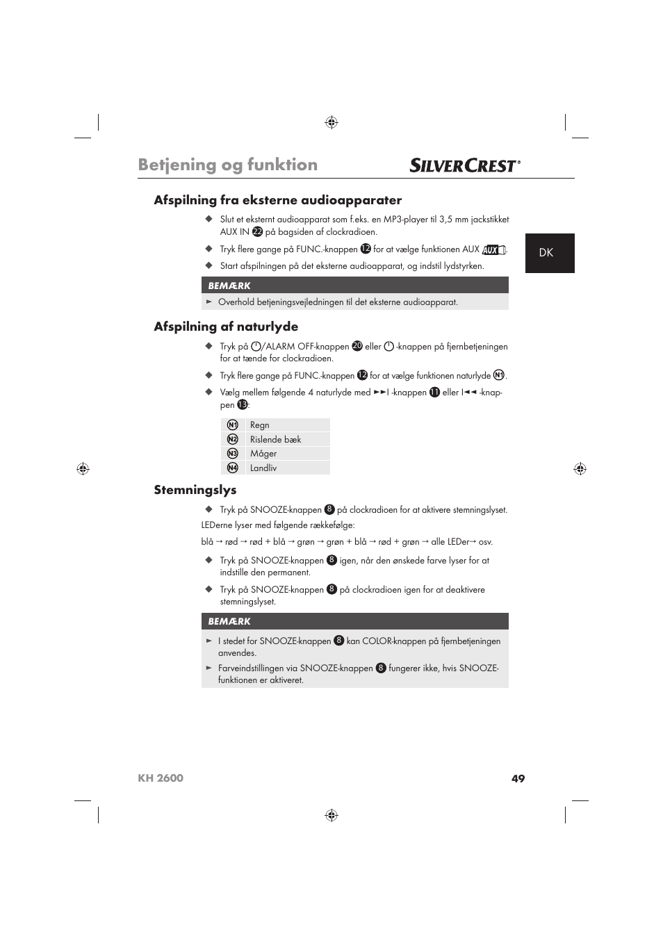 Betjening og funktion, Afspilning fra eksterne audioapparater, Afspilning af naturlyde | Stemningslys | Silvercrest KH 2600 User Manual | Page 51 / 62
