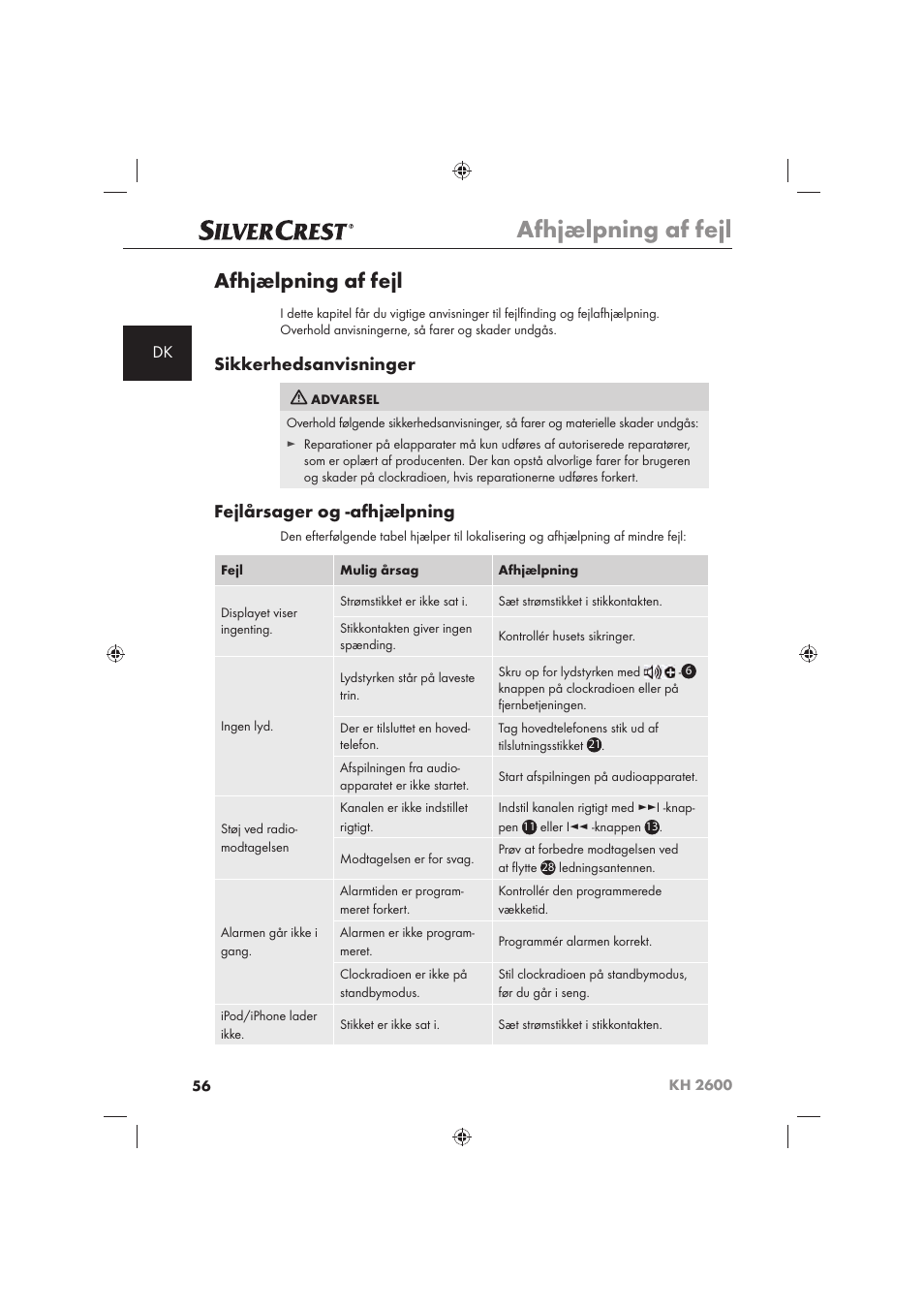 Afhjælpning af fejl, Sikkerhedsanvisninger, Fejlårsager og -afhjælpning | Silvercrest KH 2600 User Manual | Page 58 / 62