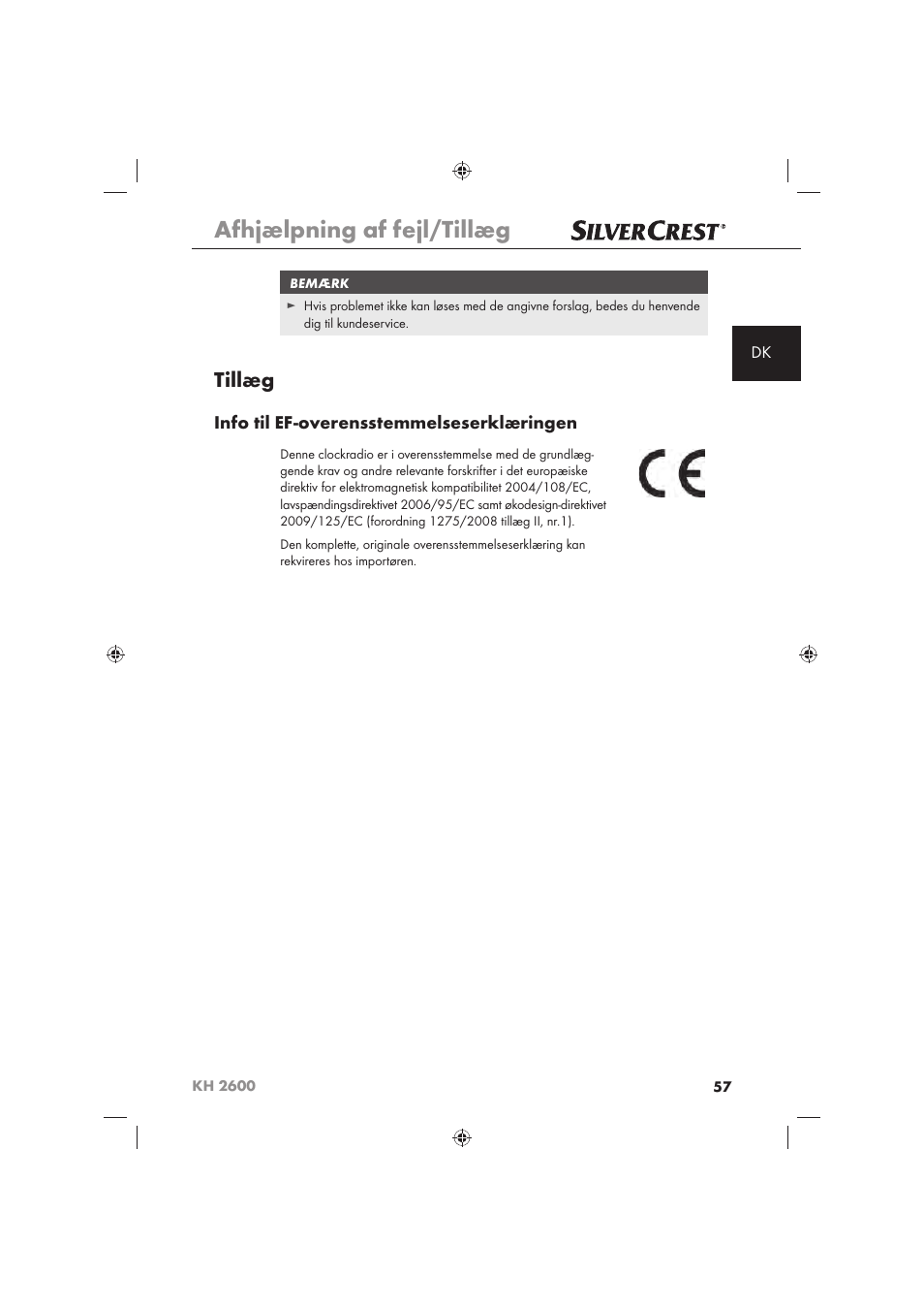 Afhjælpning af fejl/tillæg, Tillæg, Info til ef-overensstemmelseserklæringen | Silvercrest KH 2600 User Manual | Page 59 / 62
