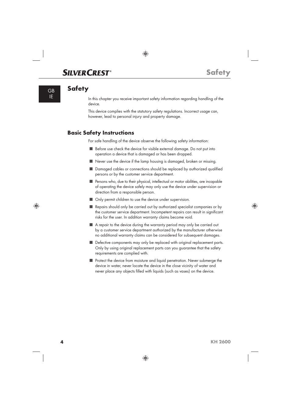 Safety, Basic safety instructions | Silvercrest KH 2600 User Manual | Page 6 / 62