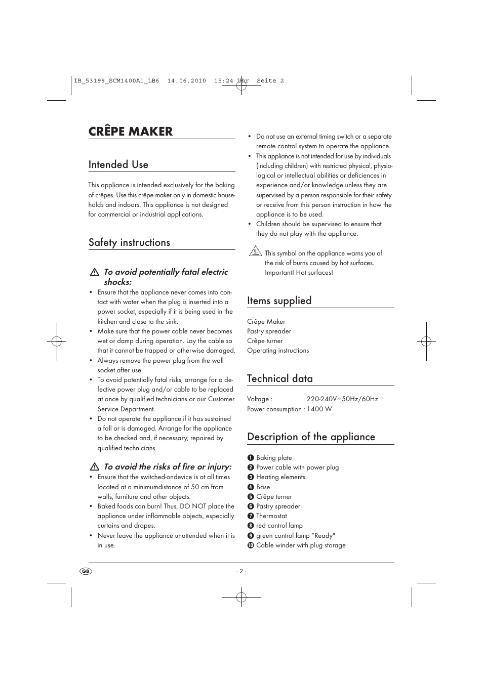 Crêpe maker, Intended use, Safety instructions | Items supplied, Technical data, Description of the appliance | Silvercrest SCM1400A1-05/10-V2 User Manual | Page 4 / 9