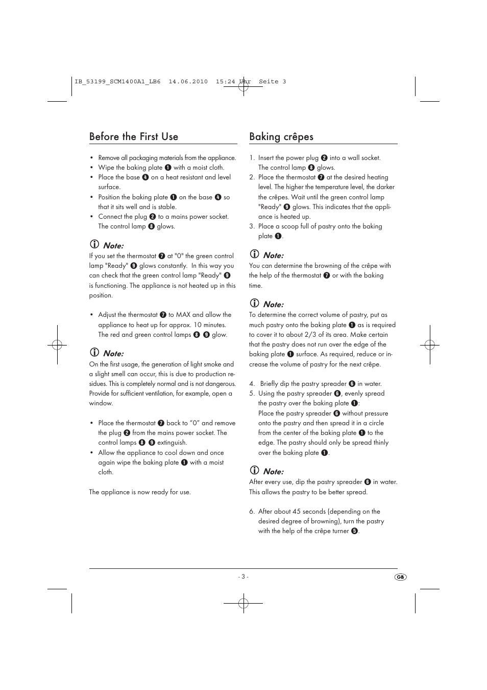 Before the first use, Baking crêpes | Silvercrest SCM1400A1-05/10-V2 User Manual | Page 5 / 9