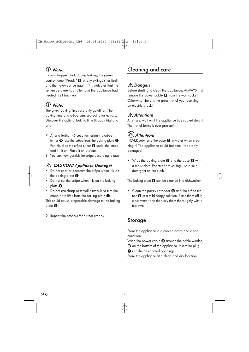 Cleaning and care, Storage | Silvercrest SCM1400A1-05/10-V2 User Manual | Page 6 / 9