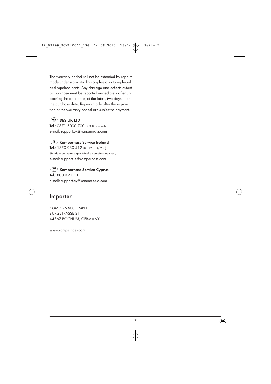 Importer | Silvercrest SCM1400A1-05/10-V2 User Manual | Page 9 / 9