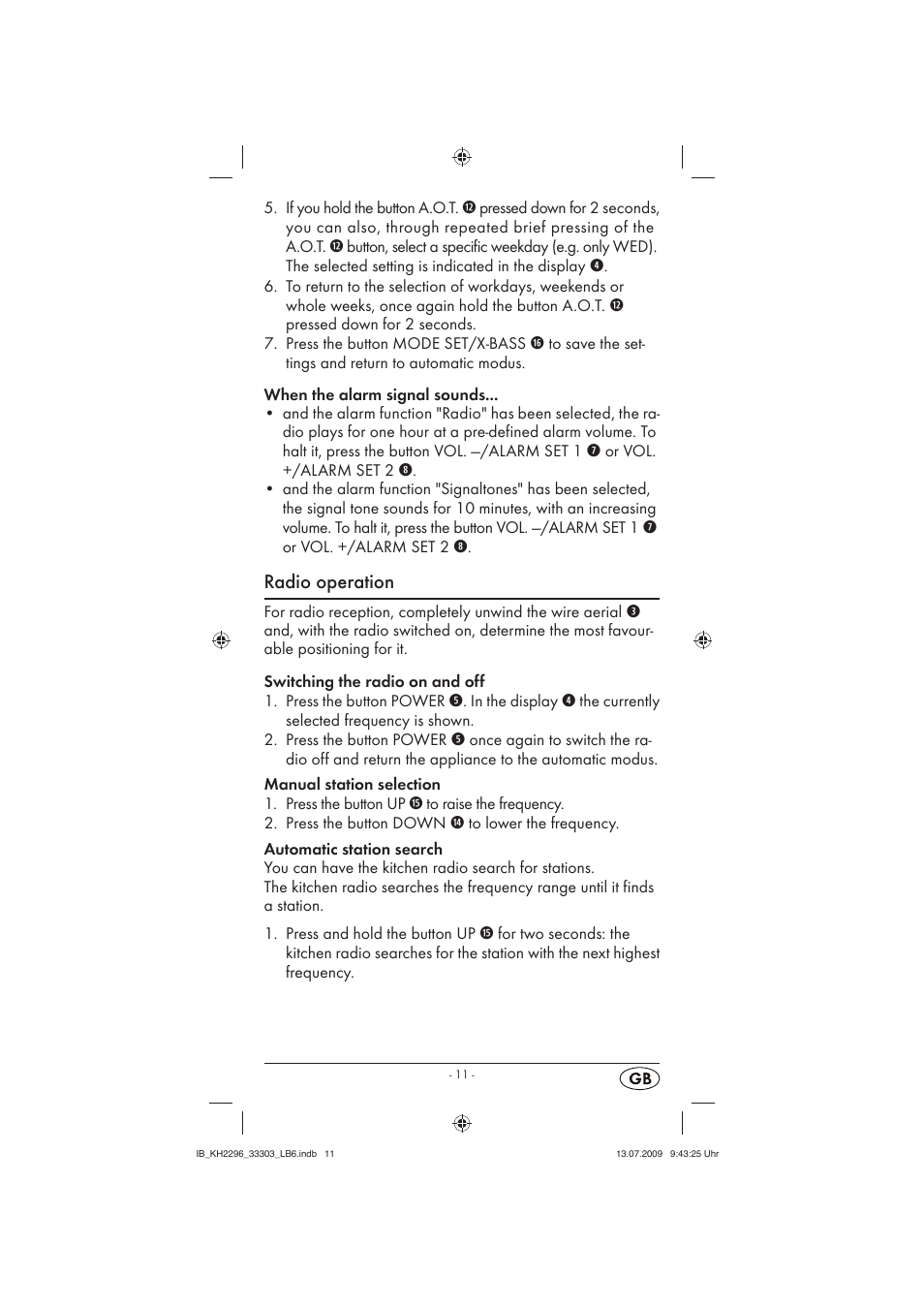 Radio operation | Silvercrest KH 2296 User Manual | Page 13 / 18