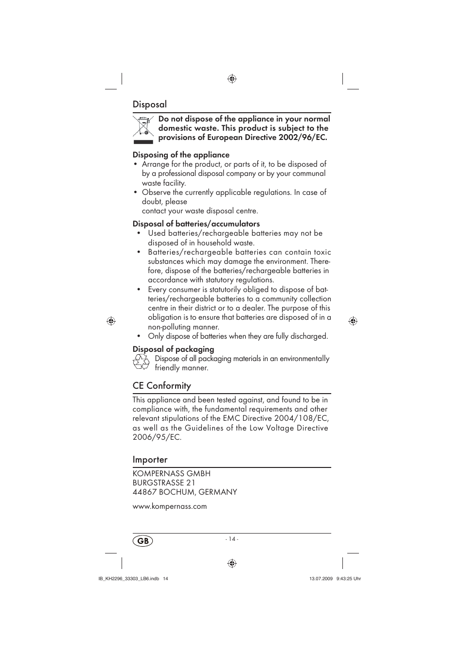 Disposal, Ce conformity, Importer | Silvercrest KH 2296 User Manual | Page 16 / 18