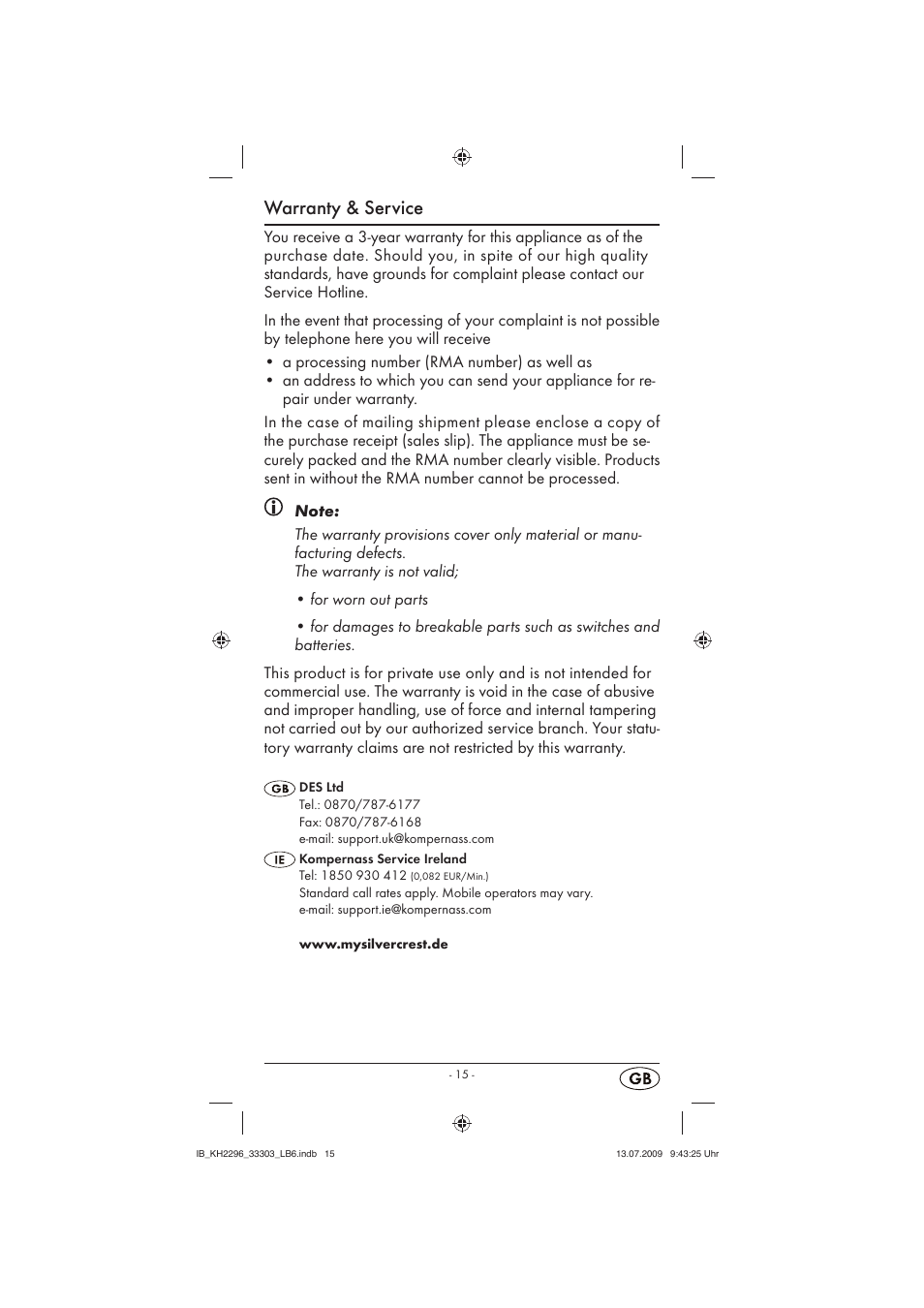Warranty & service | Silvercrest KH 2296 User Manual | Page 17 / 18