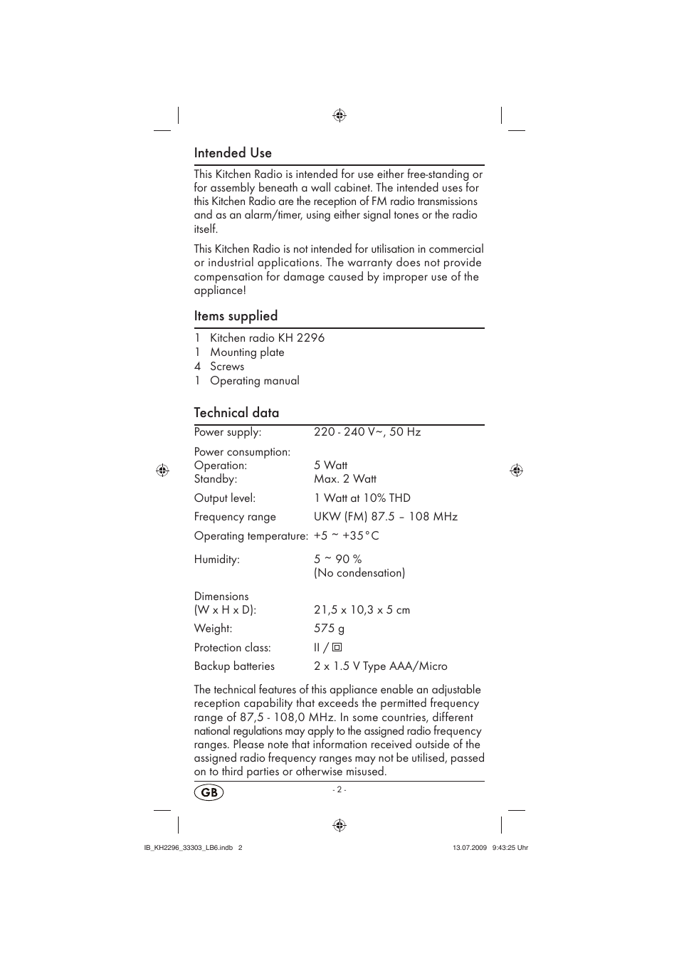 Intended use, Items supplied, Technical data | Silvercrest KH 2296 User Manual | Page 4 / 18