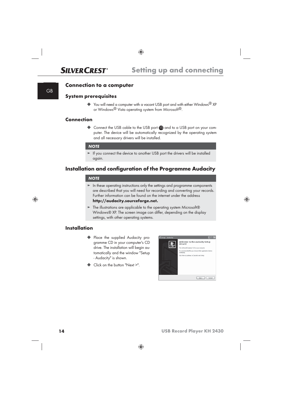 Setting up and connecting, Connection to a computer | Silvercrest KH 2430 User Manual | Page 12 / 31