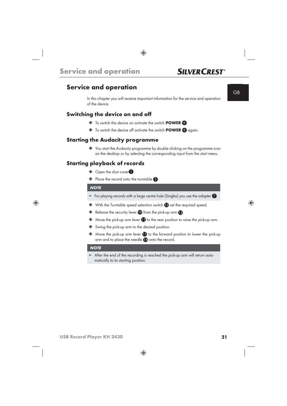 Service and operation, Switching the device on and oﬀ, Starting the audacity programme | Starting playback of records | Silvercrest KH 2430 User Manual | Page 19 / 31