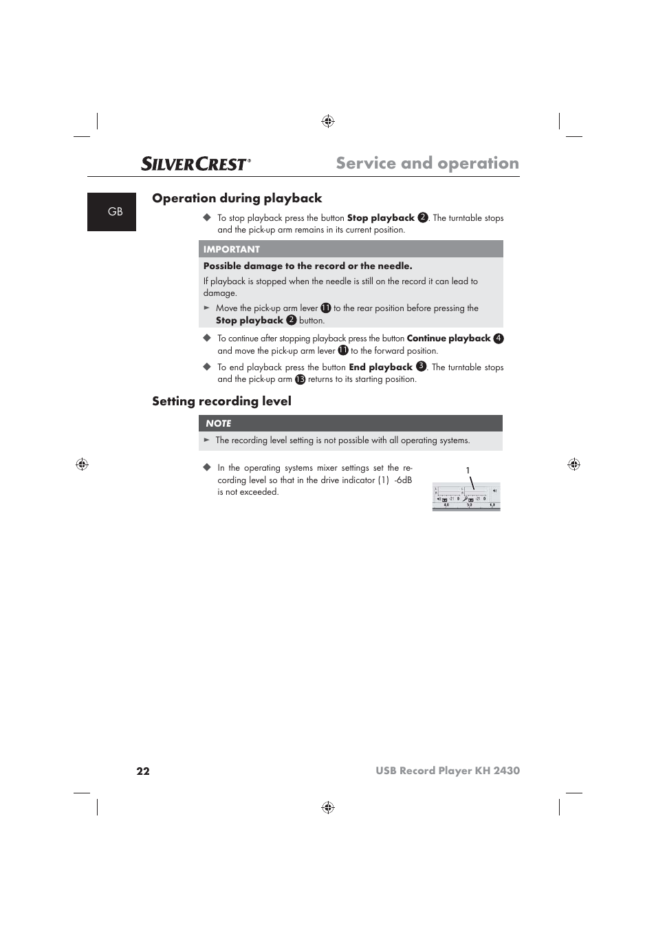 Service and operation, Operation during playback, Setting recording level | Silvercrest KH 2430 User Manual | Page 20 / 31
