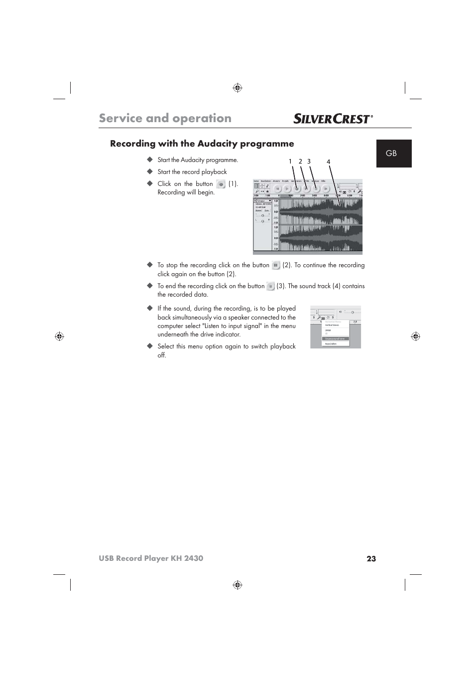 Service and operation, Recording with the audacity programme | Silvercrest KH 2430 User Manual | Page 21 / 31