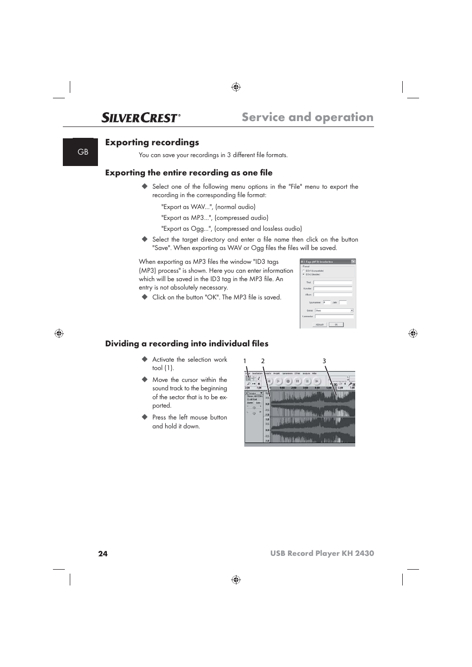 Service and operation, Exporting recordings | Silvercrest KH 2430 User Manual | Page 22 / 31