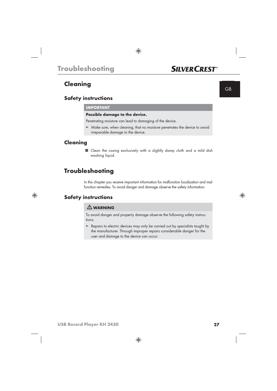 Troubleshooting, Cleaning, Safety instructions | Silvercrest KH 2430 User Manual | Page 25 / 31