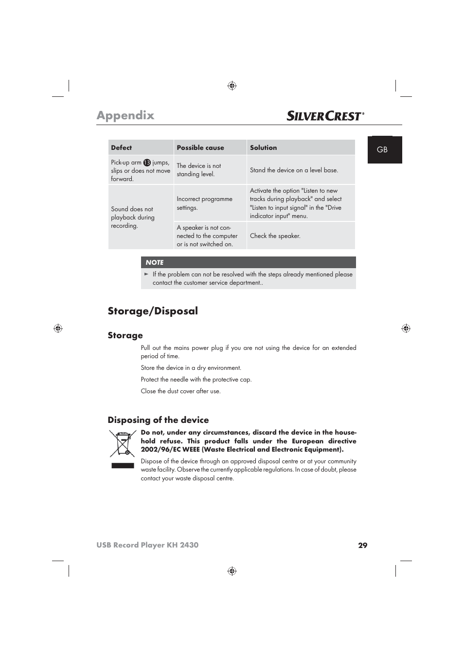 Appendix, Storage/disposal, Storage | Disposing of the device | Silvercrest KH 2430 User Manual | Page 27 / 31