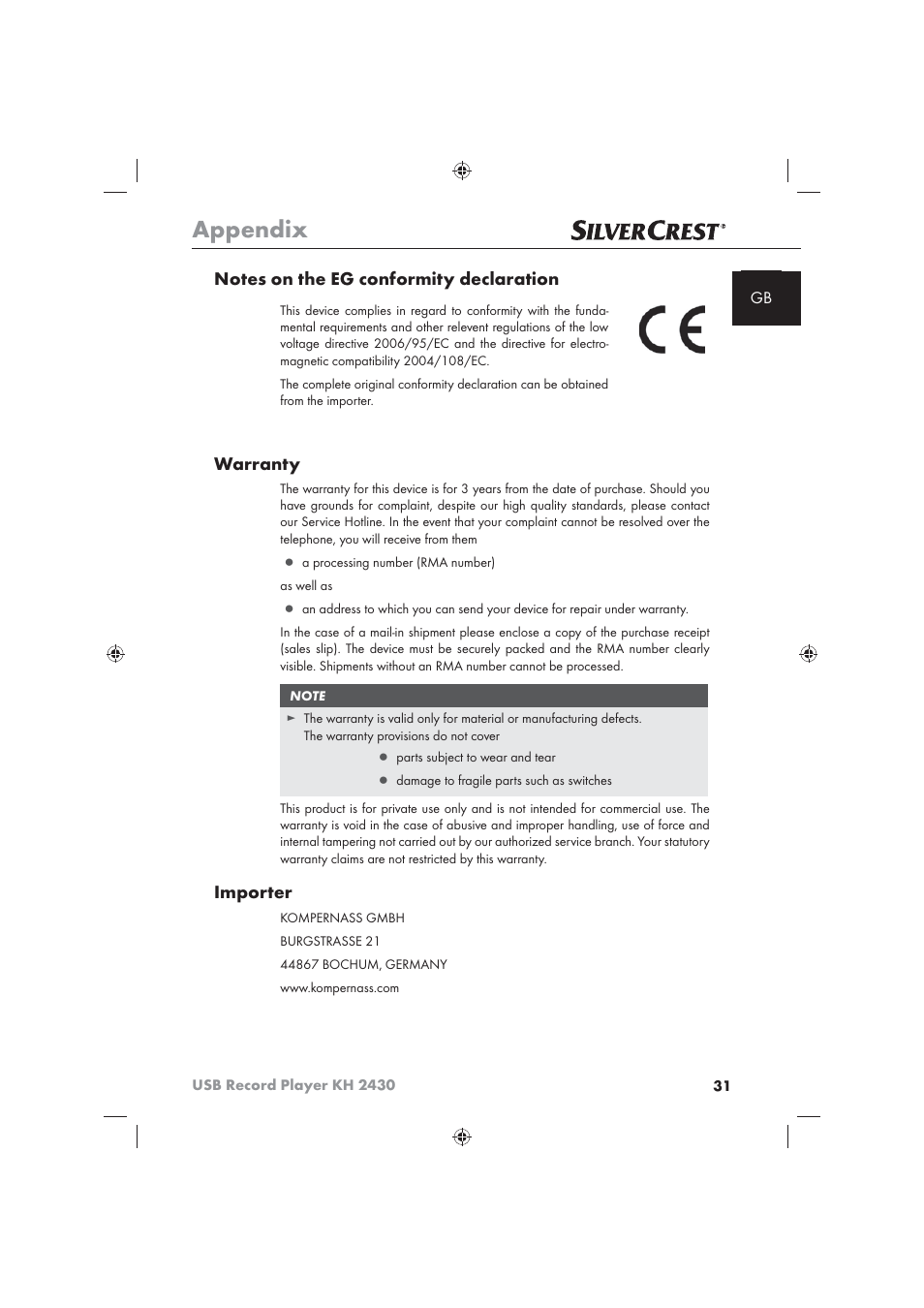 Appendix, Warranty, Importer | Silvercrest KH 2430 User Manual | Page 29 / 31