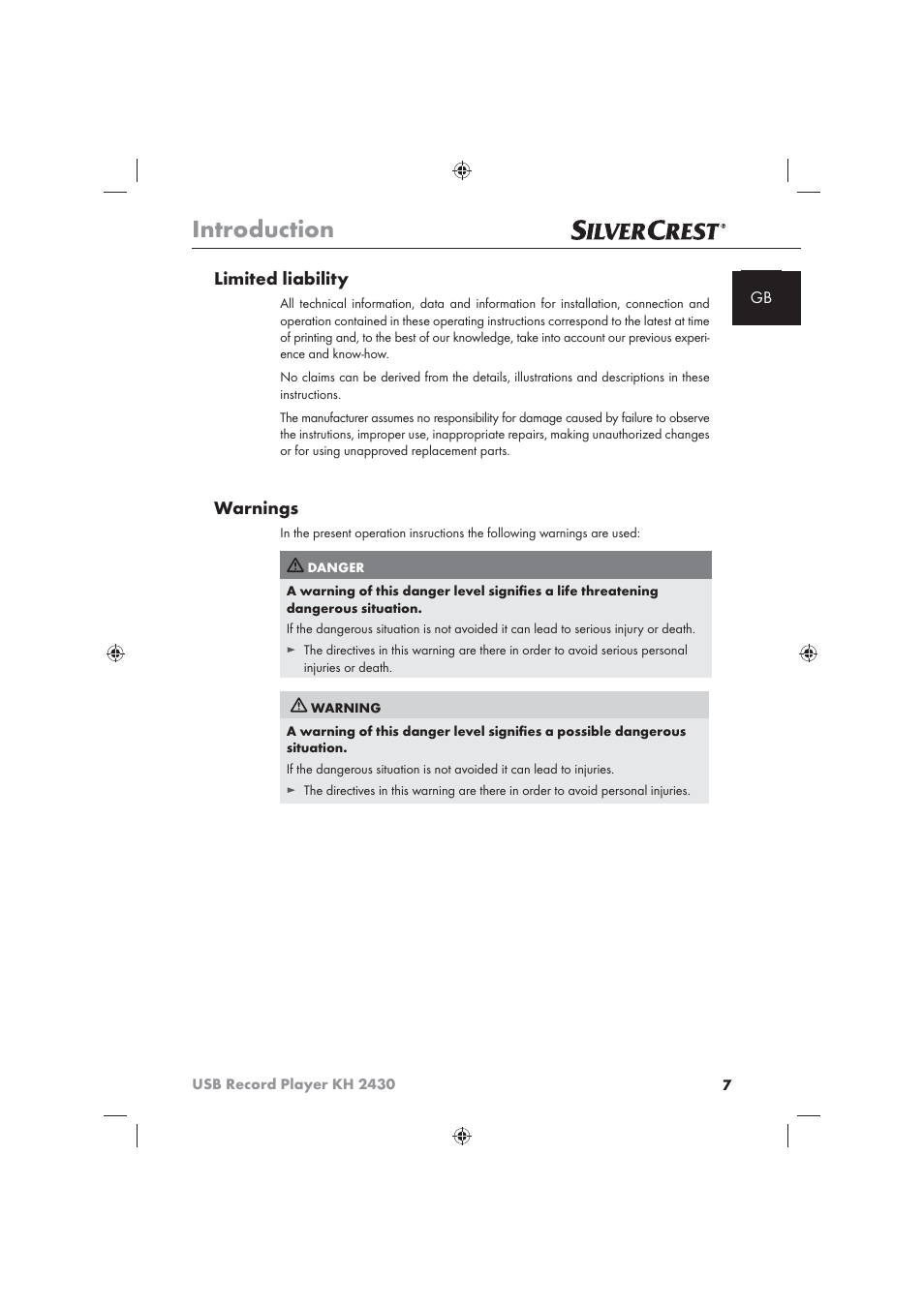 Introduction, Limited liability, Warnings | Silvercrest KH 2430 User Manual | Page 5 / 31