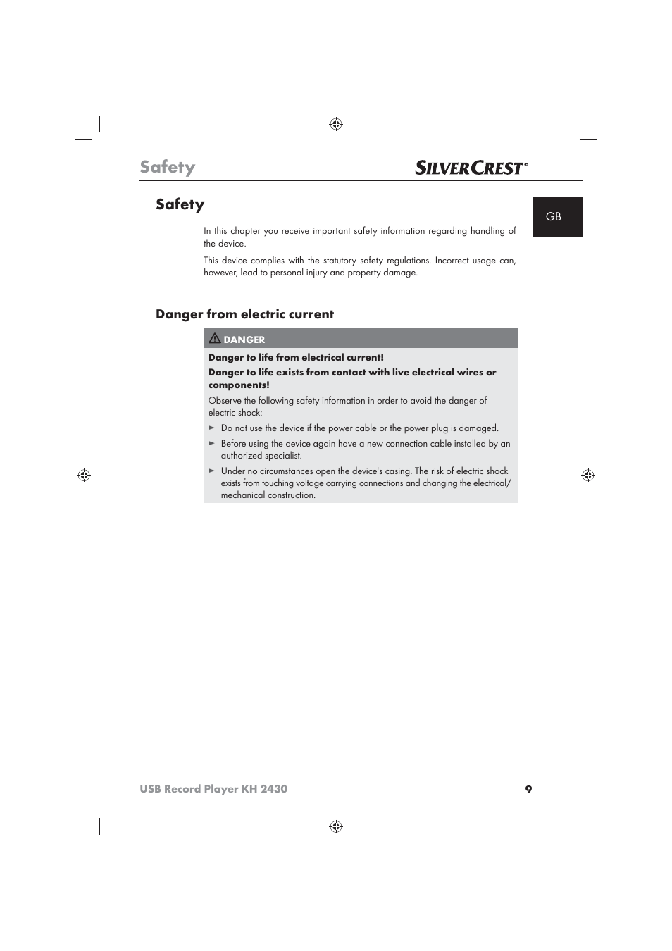 Safety, Danger from electric current | Silvercrest KH 2430 User Manual | Page 7 / 31