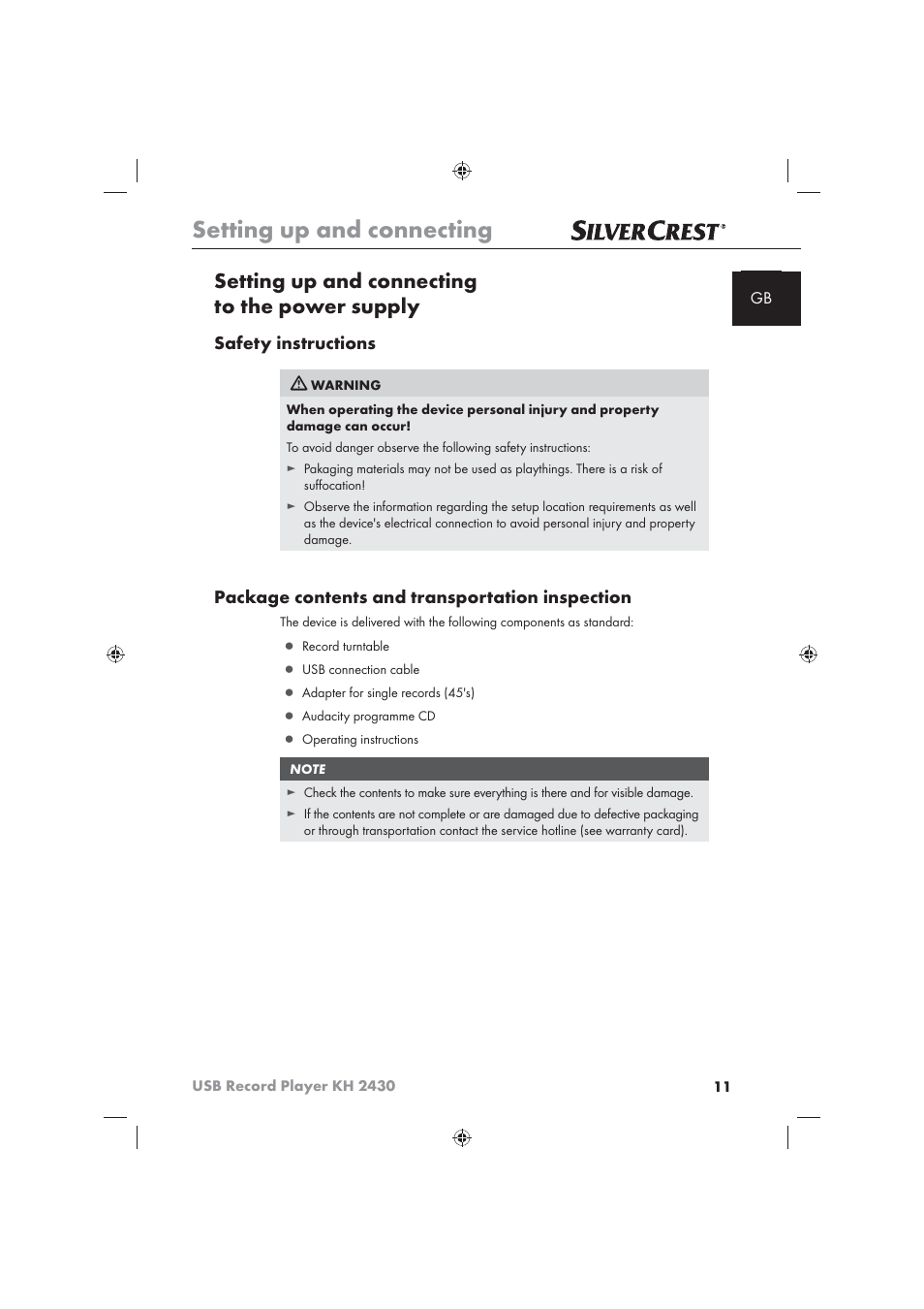 Setting up and connecting, Setting up and connecting to the power supply, Safety instructions | Package contents and transportation inspection | Silvercrest KH 2430 User Manual | Page 9 / 31