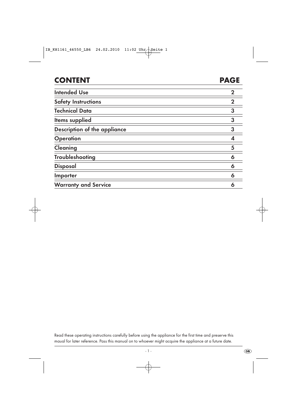 Content page | Silvercrest KH 1161 User Manual | Page 3 / 8