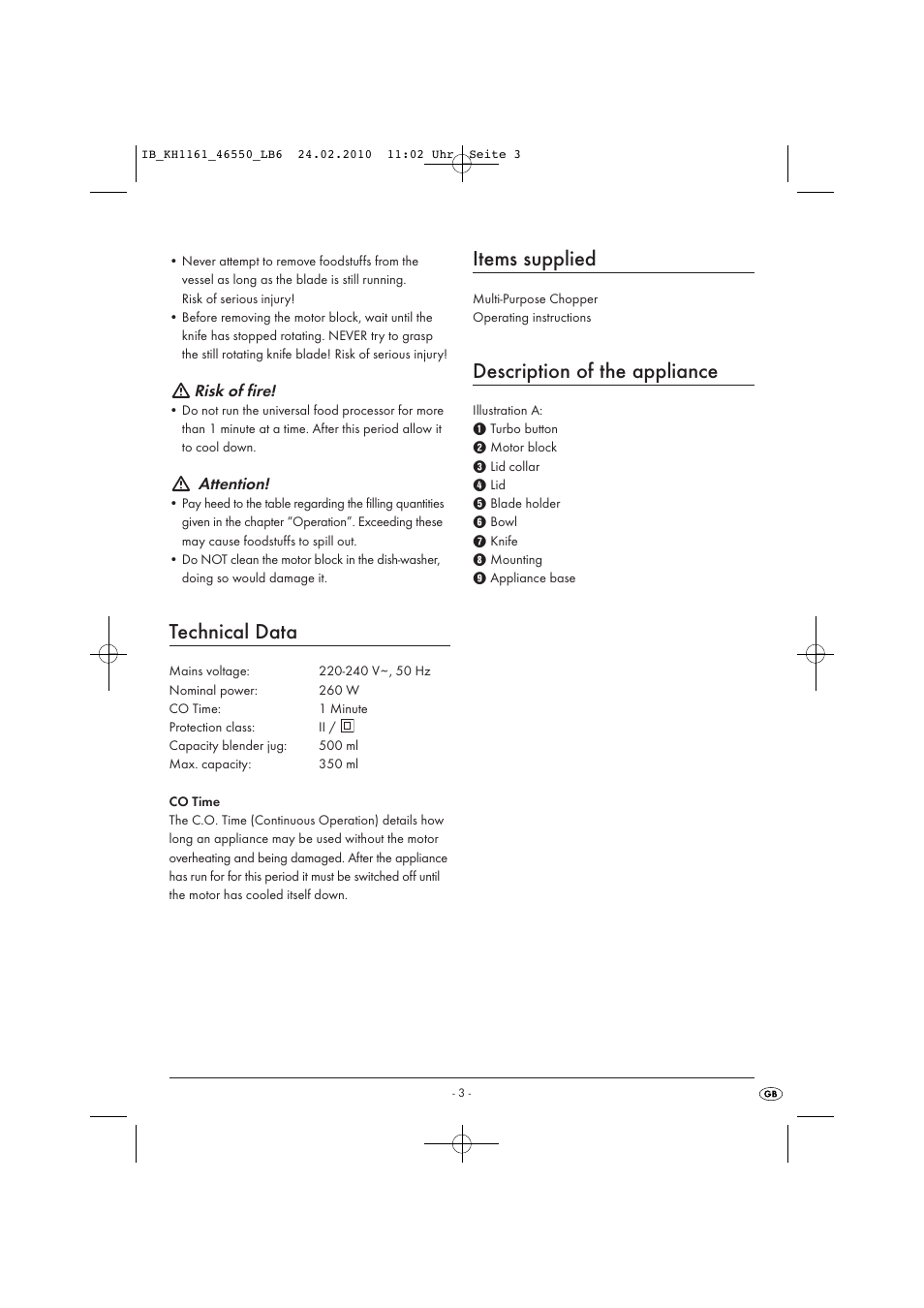 Technical data, Items supplied, Description of the appliance | Silvercrest KH 1161 User Manual | Page 5 / 8