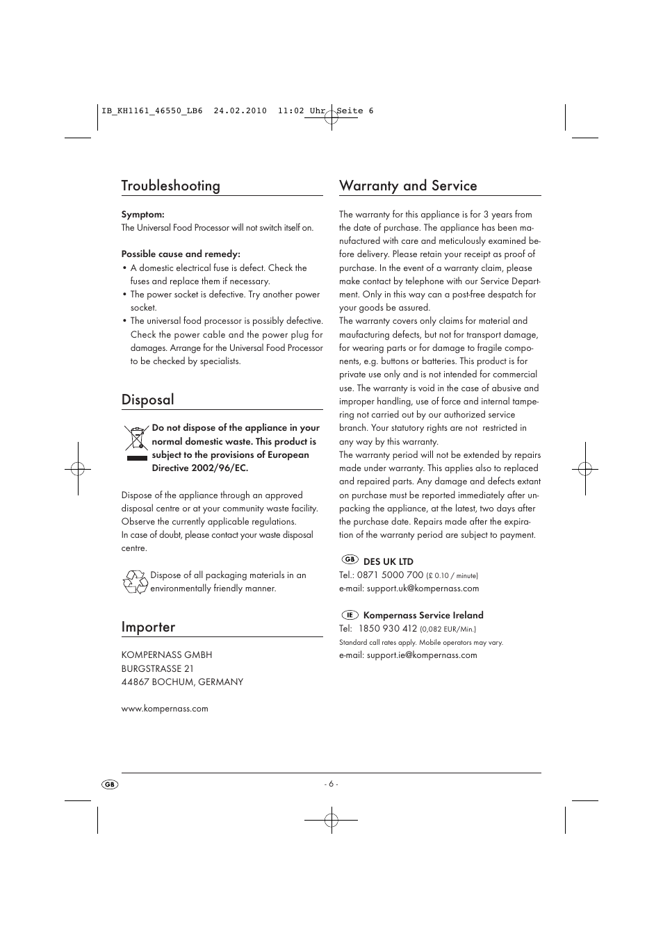 Troubleshooting, Disposal, Importer | Warranty and service | Silvercrest KH 1161 User Manual | Page 8 / 8