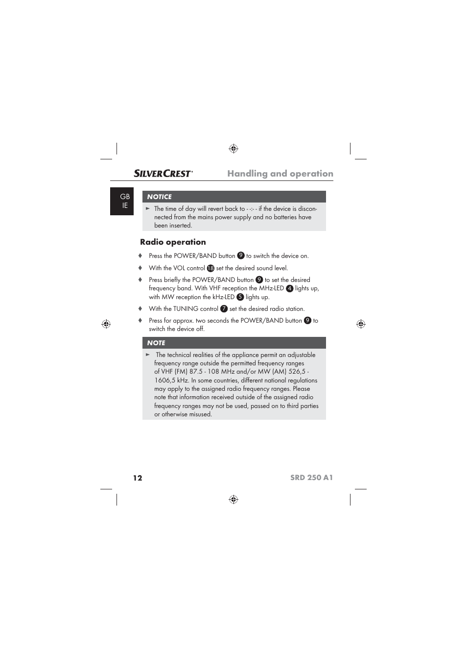 Handling and operation, Radio operation | Silvercrest SRD 250 A1 User Manual | Page 14 / 22