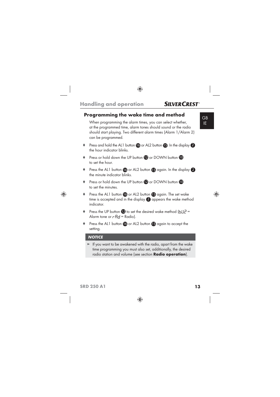 Handling and operation, Programming the wake time and method | Silvercrest SRD 250 A1 User Manual | Page 15 / 22