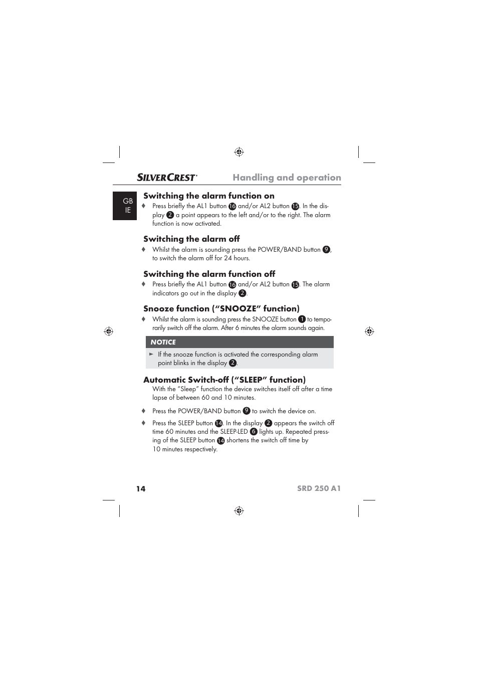 Handling and operation | Silvercrest SRD 250 A1 User Manual | Page 16 / 22