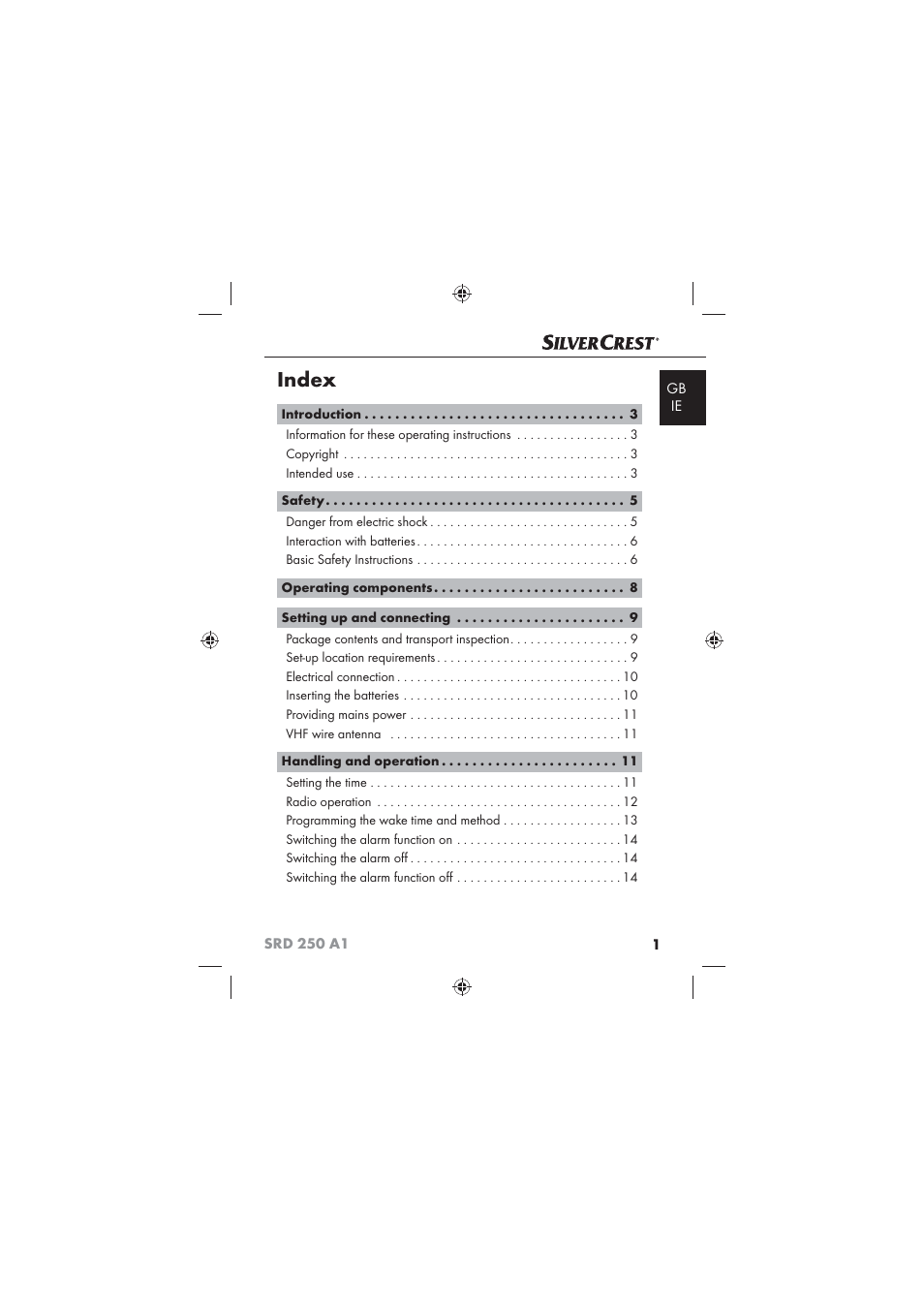 Index | Silvercrest SRD 250 A1 User Manual | Page 3 / 22