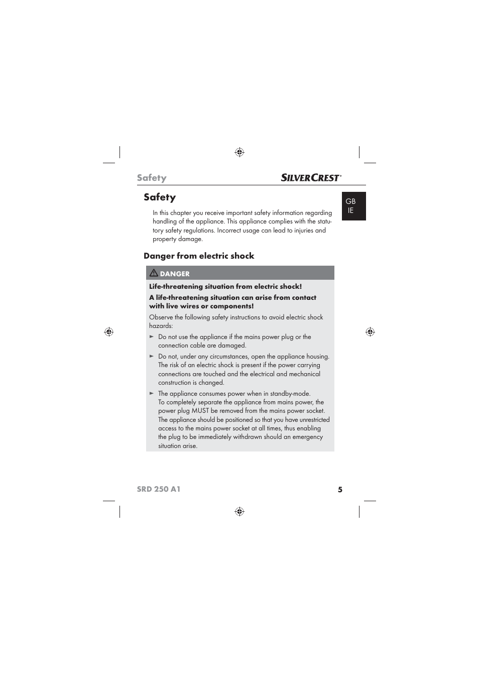 Safety | Silvercrest SRD 250 A1 User Manual | Page 7 / 22