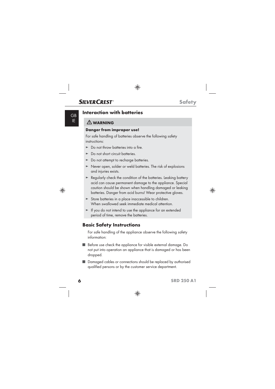 Safety | Silvercrest SRD 250 A1 User Manual | Page 8 / 22