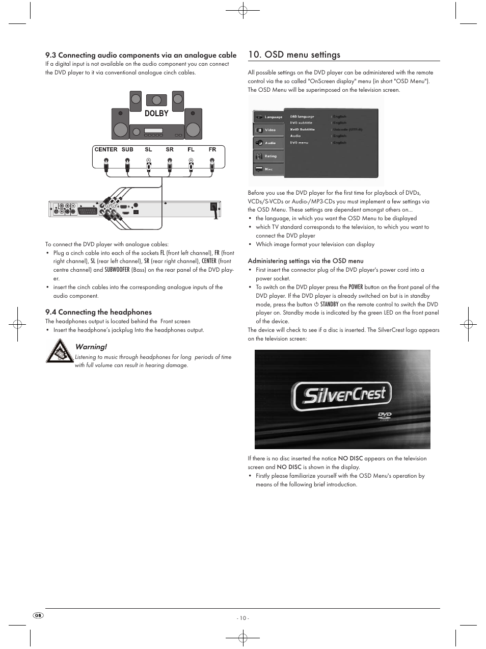 Osd menu settings | Silvercrest KH6519 User Manual | Page 10 / 30