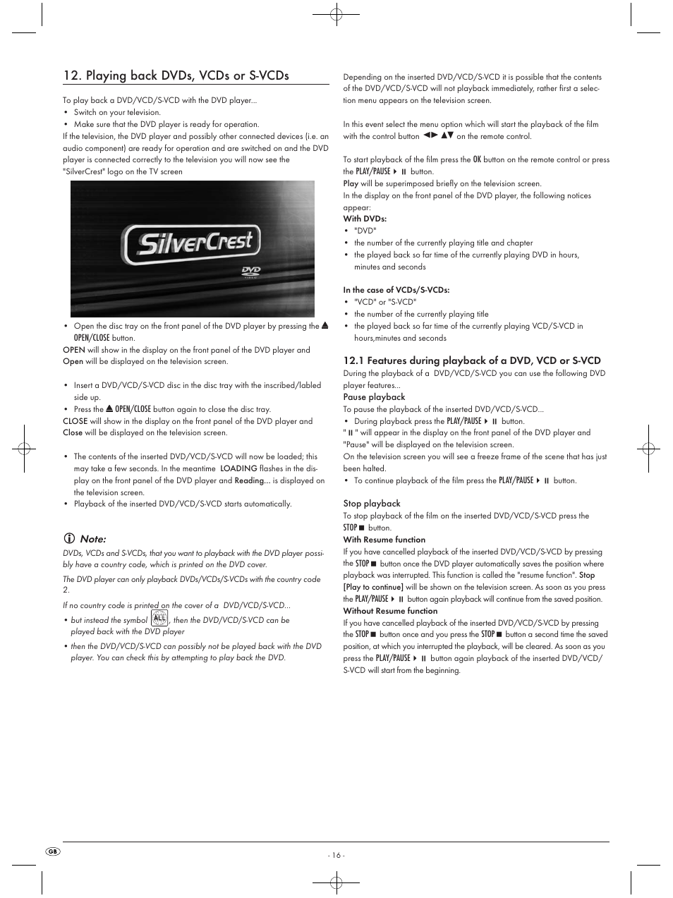 Playing back dvds, vcds or s-vcds | Silvercrest KH6519 User Manual | Page 16 / 30