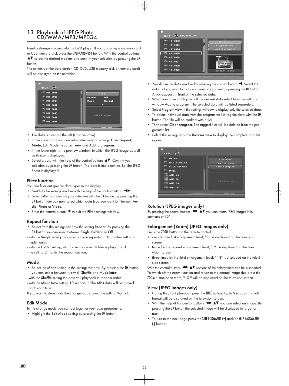 Playback of jpeg-photo cd/wma/mp3/mpeg4 | Silvercrest KH6519 User Manual | Page 22 / 30