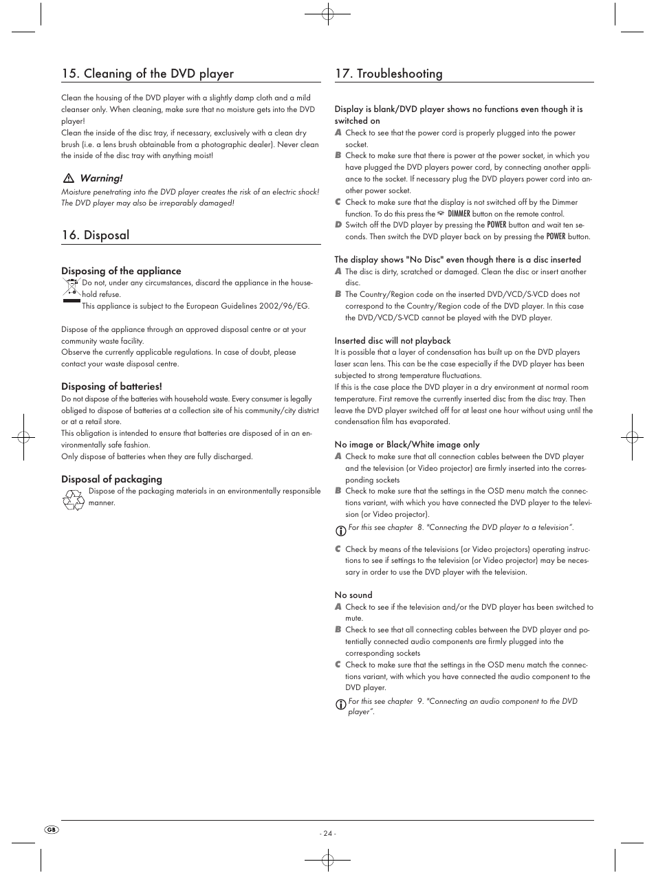 Cleaning of the dvd player, Disposal, Troubleshooting | Silvercrest KH6519 User Manual | Page 24 / 30
